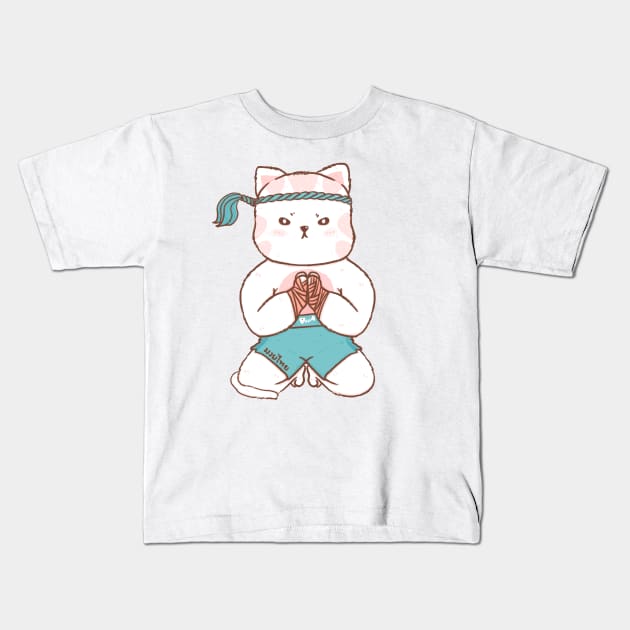 cute fighter cat muay thai boxing, wai kru Kids T-Shirt by Janatshie